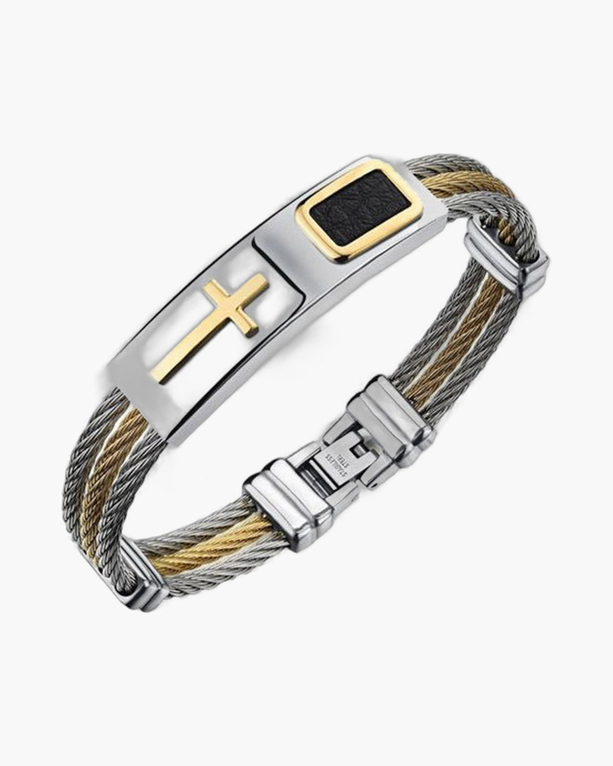 Titanium Steel Cable Cross Bracelet with silver finish and black inlay view 4