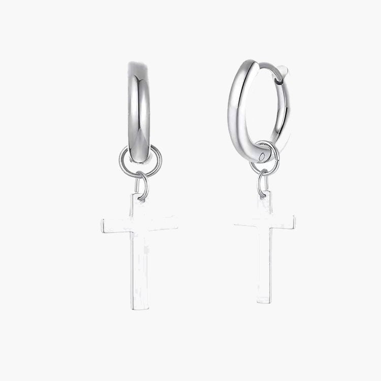 Titanium Steel Cross Dangle Hoop Earrings, silver, gold, black