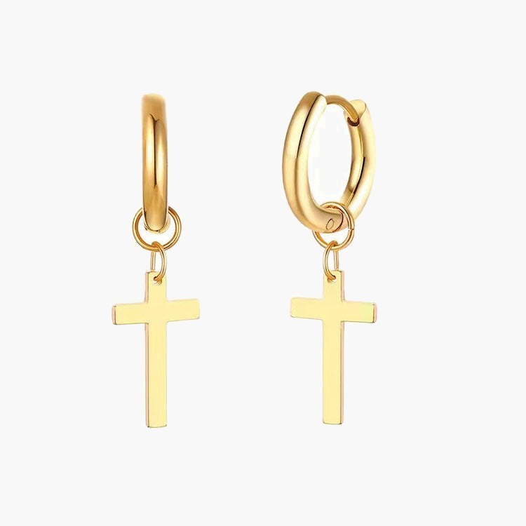 Titanium Steel Cross Dangle Hoop Earrings, silver, gold, black view 2