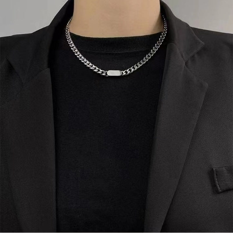 Titanium Steel Cuban Bar Link Necklace, close up on white background view 2