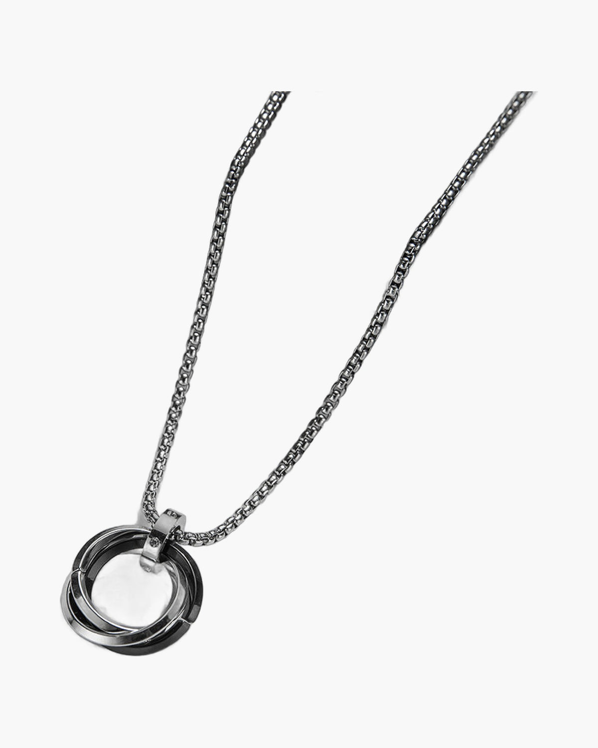 Titanium Steel Geometric Interlocking Ring Pendant Necklace, black and silver rings view 5
