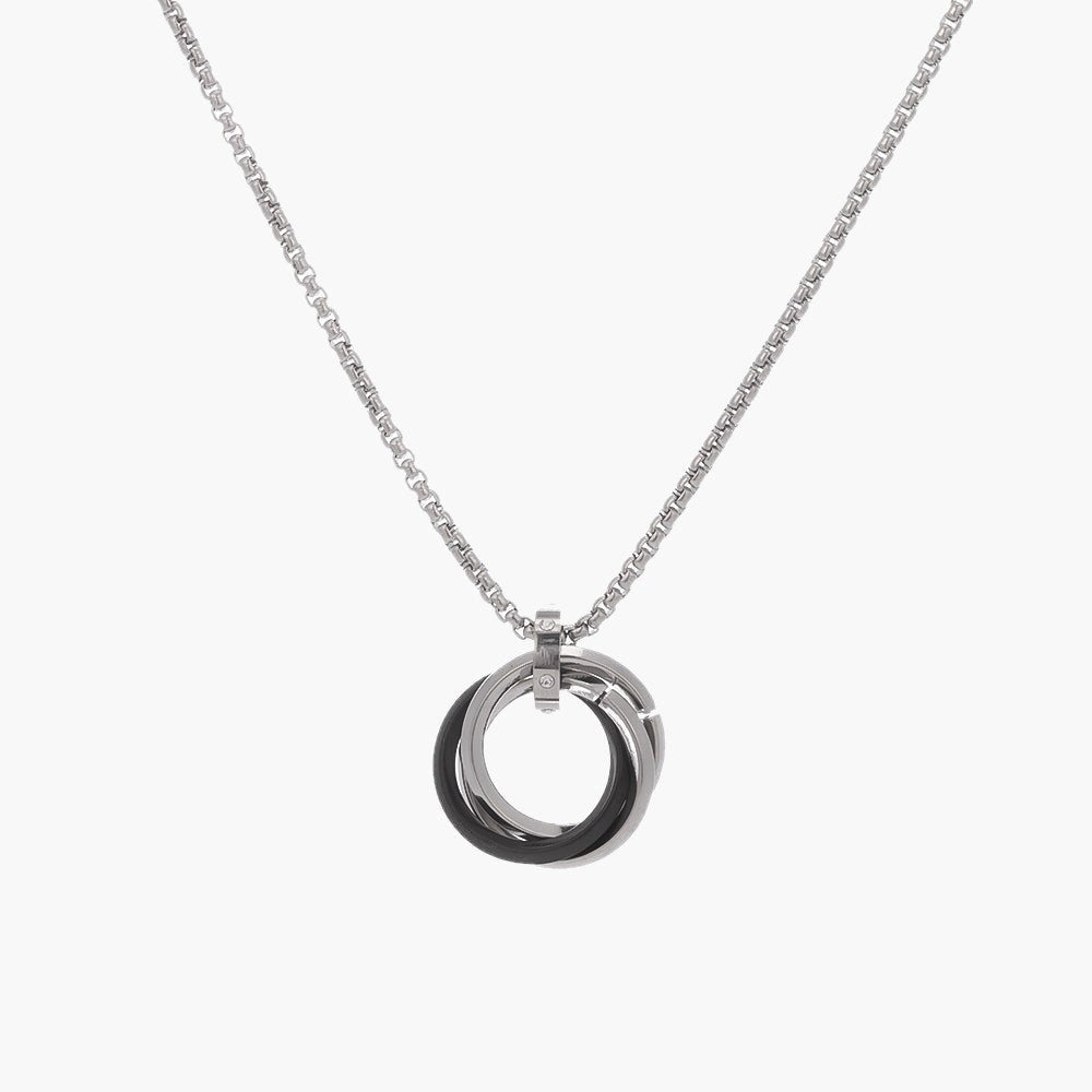 Titanium Steel Geometric Interlocking Ring Pendant Necklace, black and silver rings