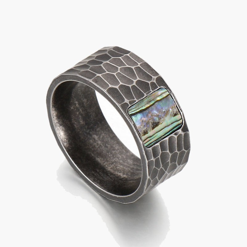 Titanium Steel Hammered Abalone Inlay Ring, abalone inlay, hammered texture