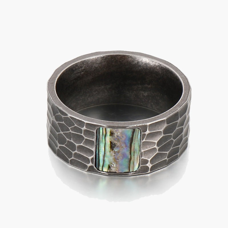 Titanium Steel Hammered Abalone Inlay Ring, abalone inlay, hammered texture view 2
