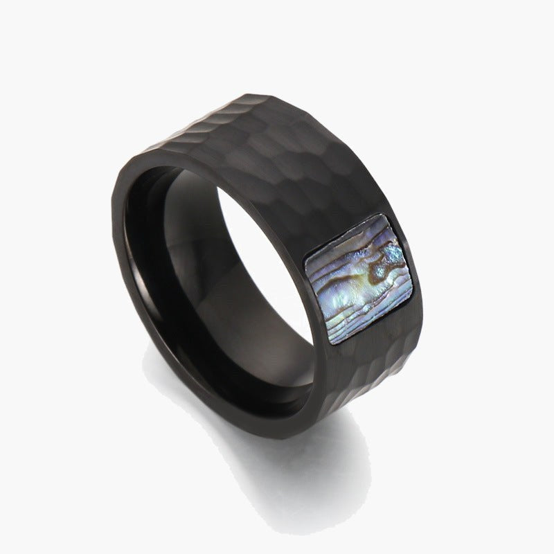 Titanium Steel Hammered Abalone Inlay Ring, abalone inlay, hammered texture view 5