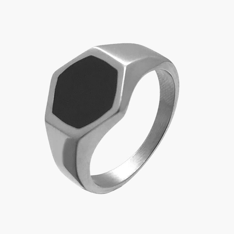 Titanium Steel Hexagonal Black Inlay Ring, geometric design