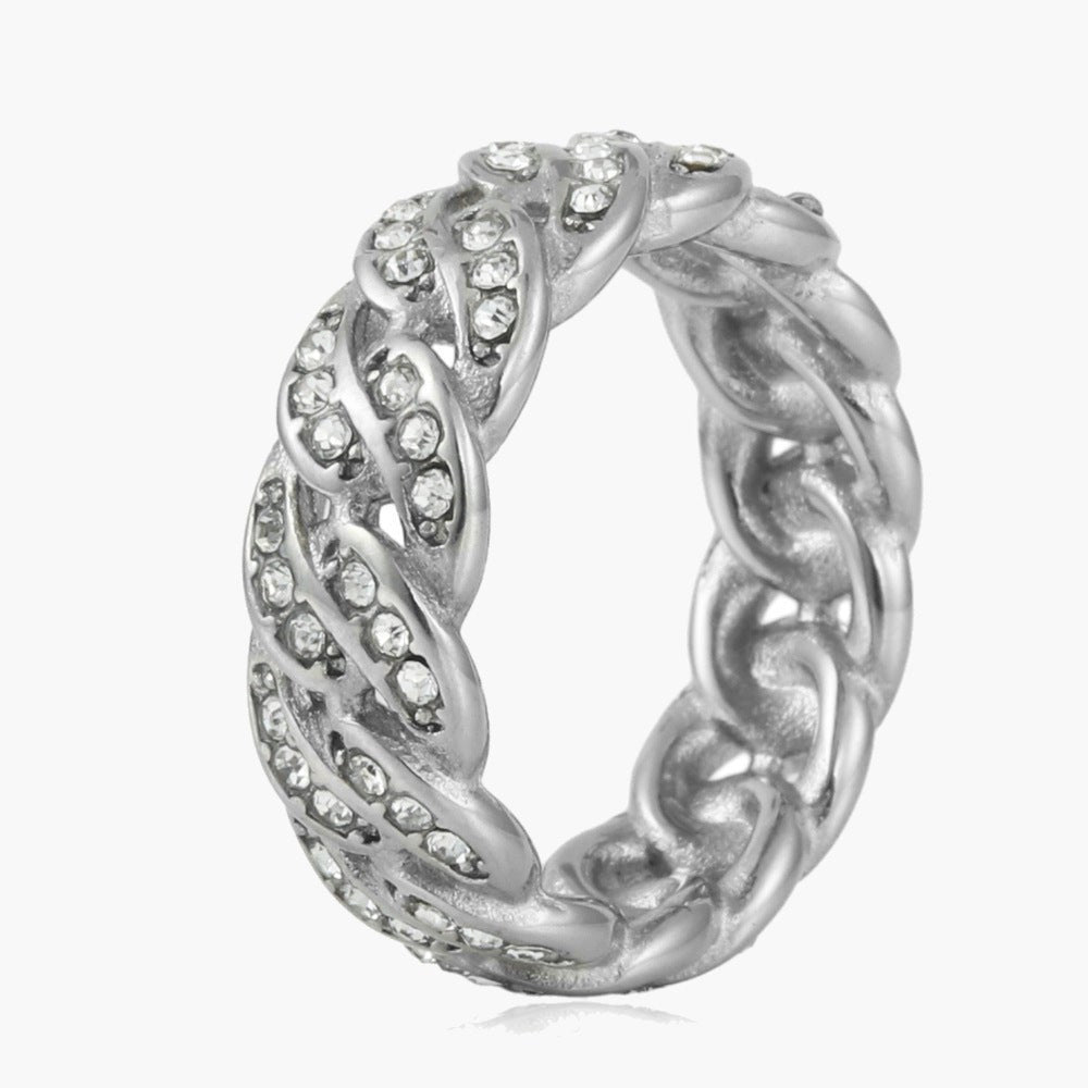 Titanium Steel Iced Cuban Link Ring, gold-tone with cubic zirconia view 4