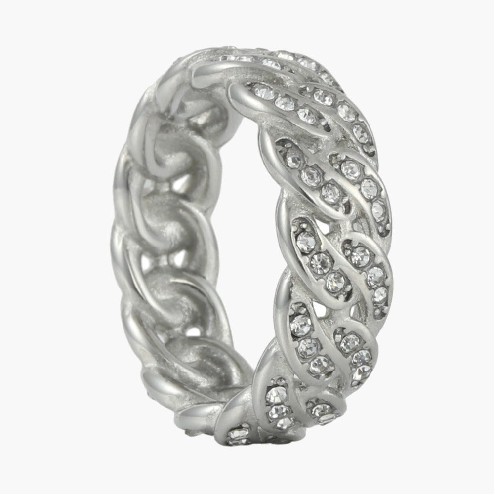 Titanium Steel Iced Cuban Link Ring, gold-tone with cubic zirconia view 2