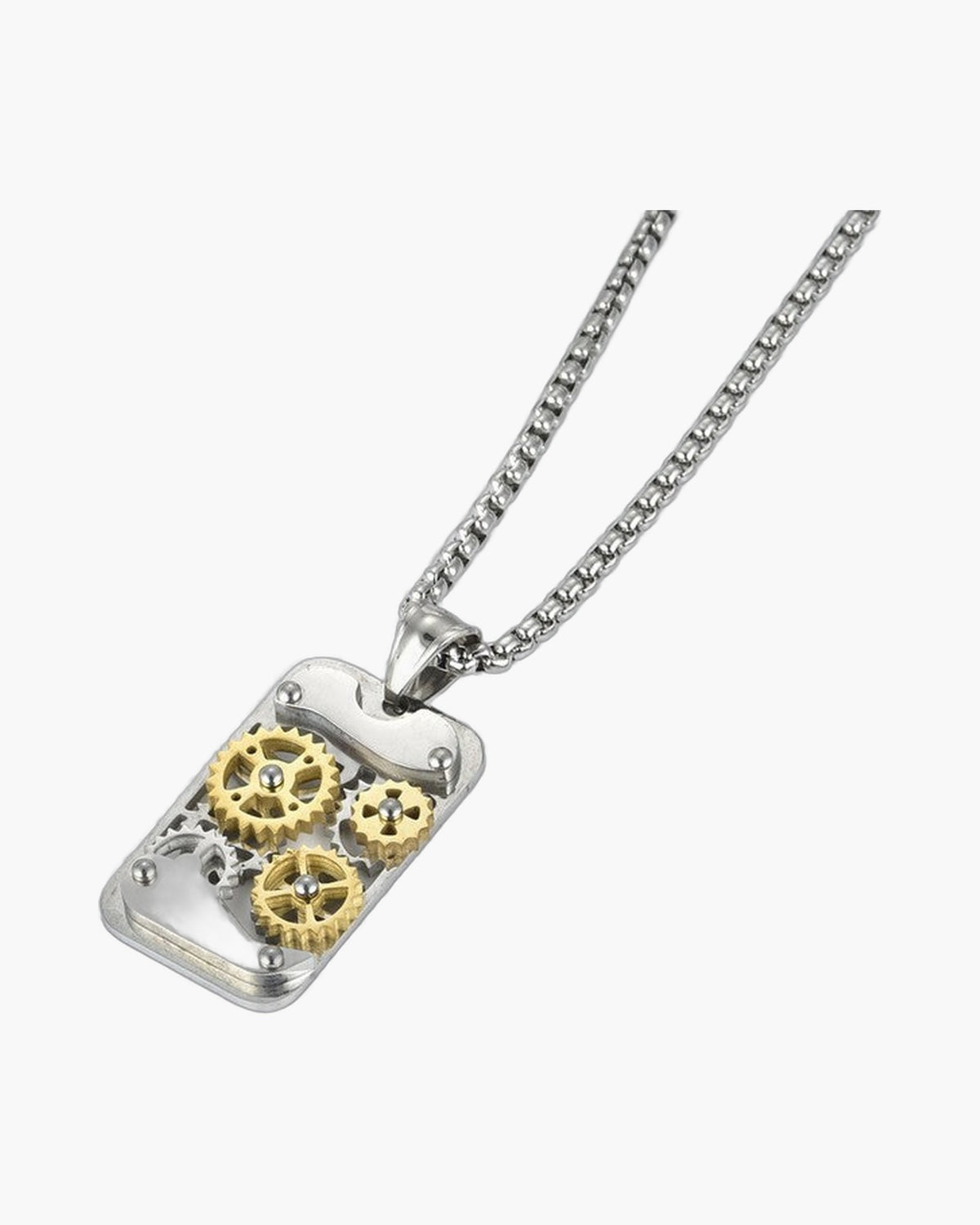 Titanium Steel Mechanical Gear Dog Tag Necklace silver-tone gears view 2