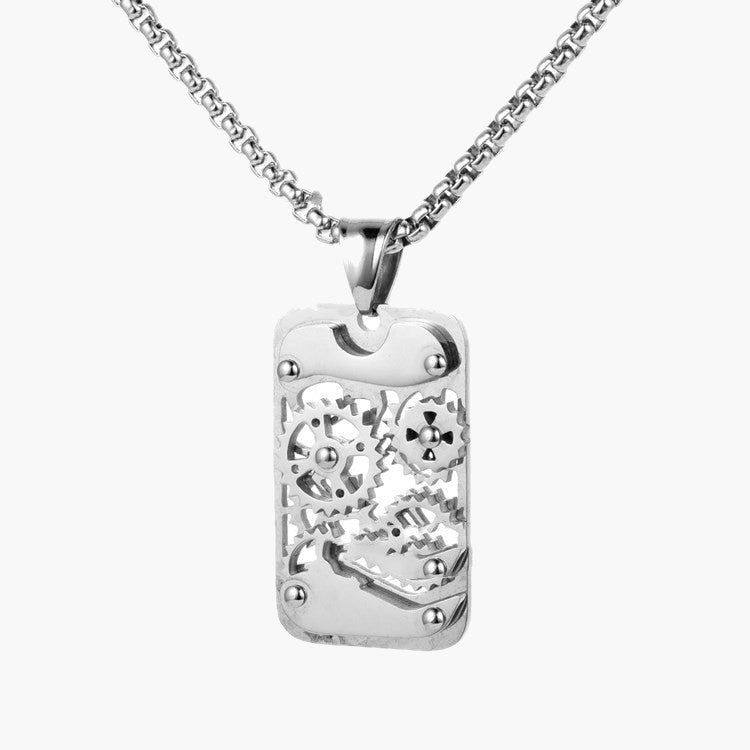 Titanium Steel Mechanical Gear Dog Tag Necklace silver-tone gears