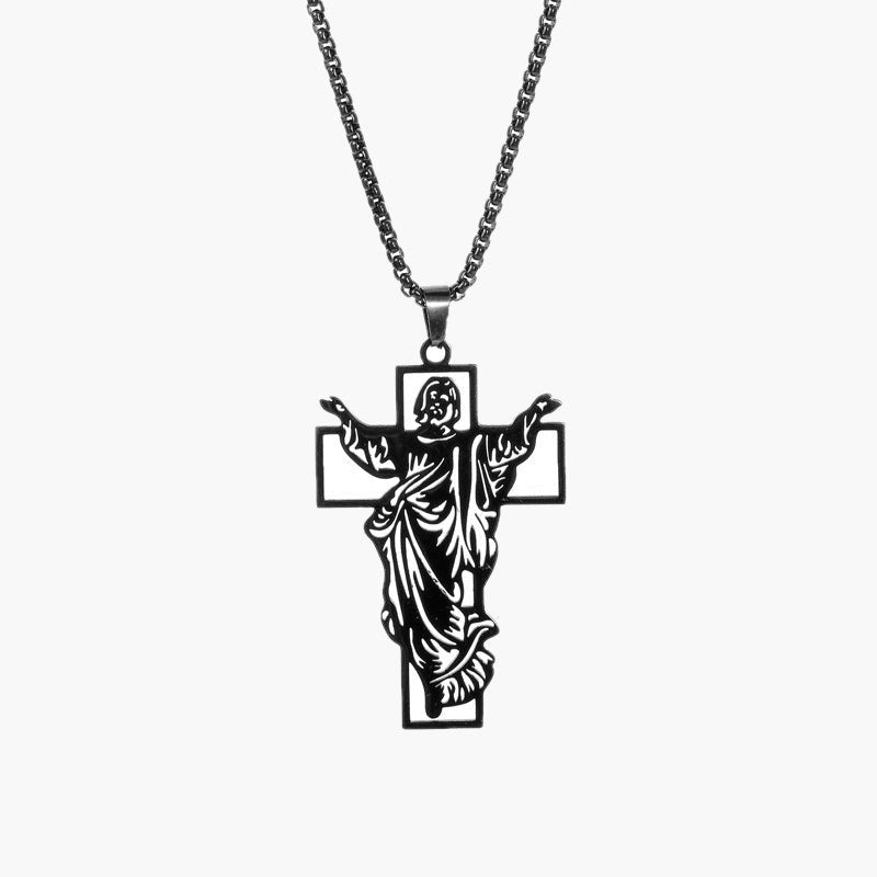 Titanium Steel Risen Christ Cross Necklace, black finish view 5