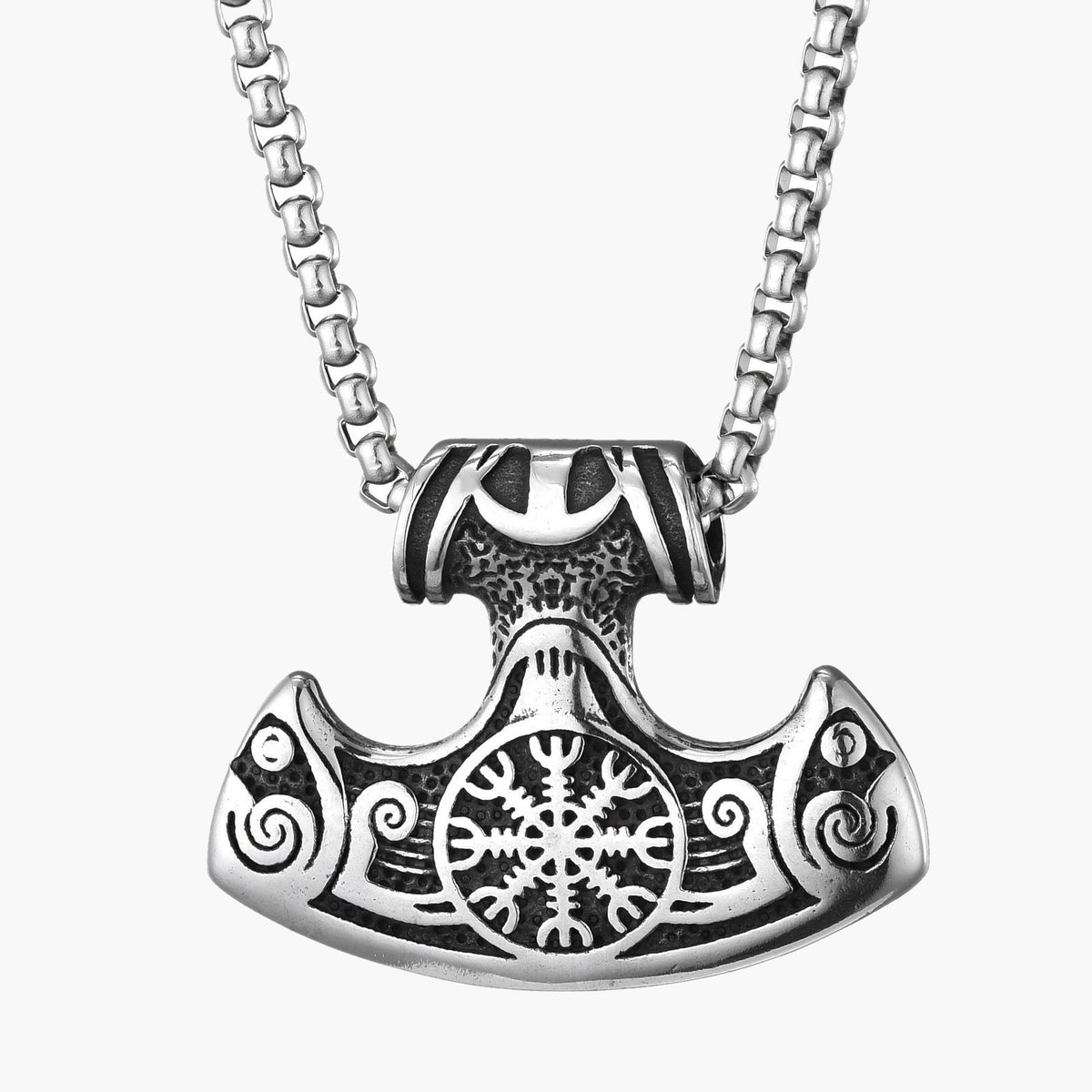 Titanium Steel Viking Hammer Pendant Necklace with Aegishjalmr symbol
