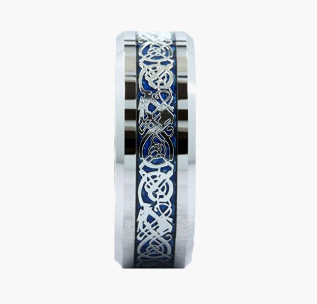Tungsten Carbide Blue Celtic Ring with blue inlay and silver-tone knotwork view 3