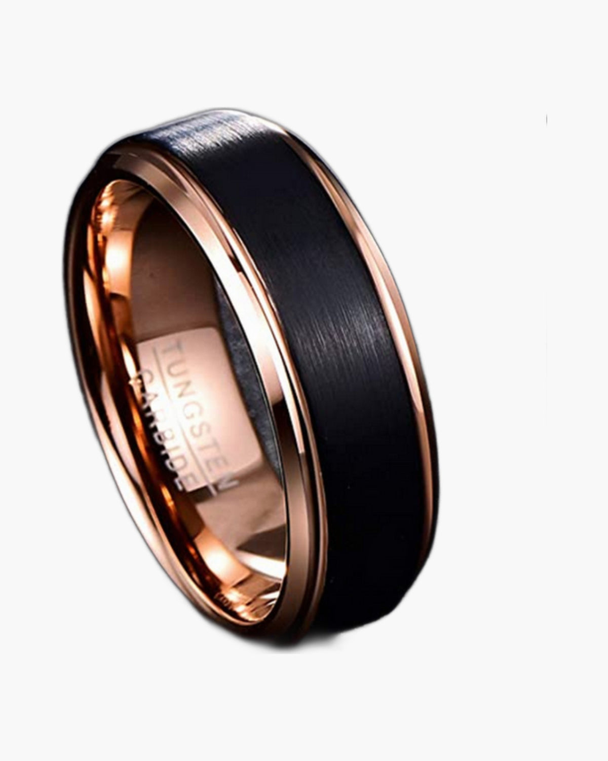 Two-Tone Black Rose Gold Tungsten Ring, men's band, brushed black, rose gold view 3