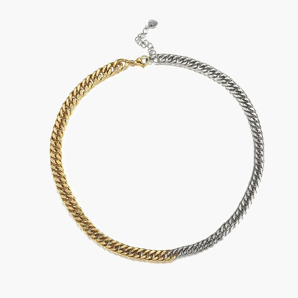Two-Tone Cuban Link Chain Necklace, gold and silver, stainless steel