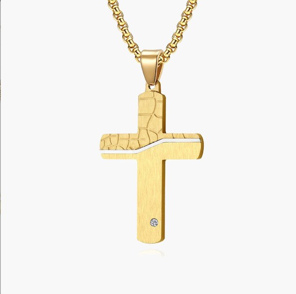 Two-Tone Inlaid Cross Pendant Necklace Black Silver finish view 4