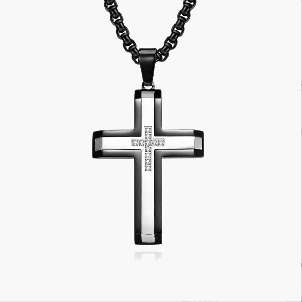 Two-Tone Inlaid Cross Pendant Necklace Black Silver finish