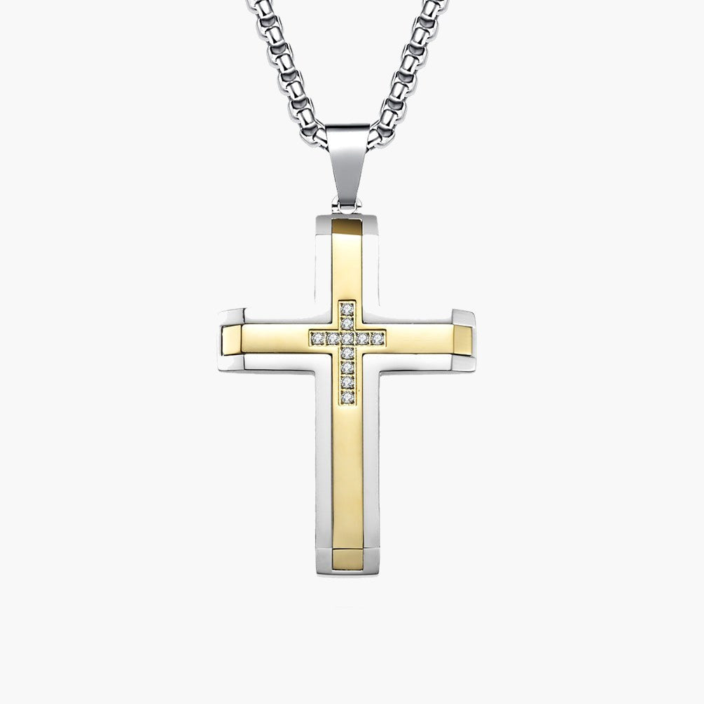 Two-Tone Inlaid Cross Pendant Necklace Black Silver finish view 2