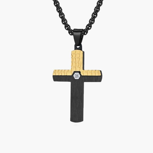 Two-Tone Inlaid Cross Pendant Necklace Black Silver finish view 6