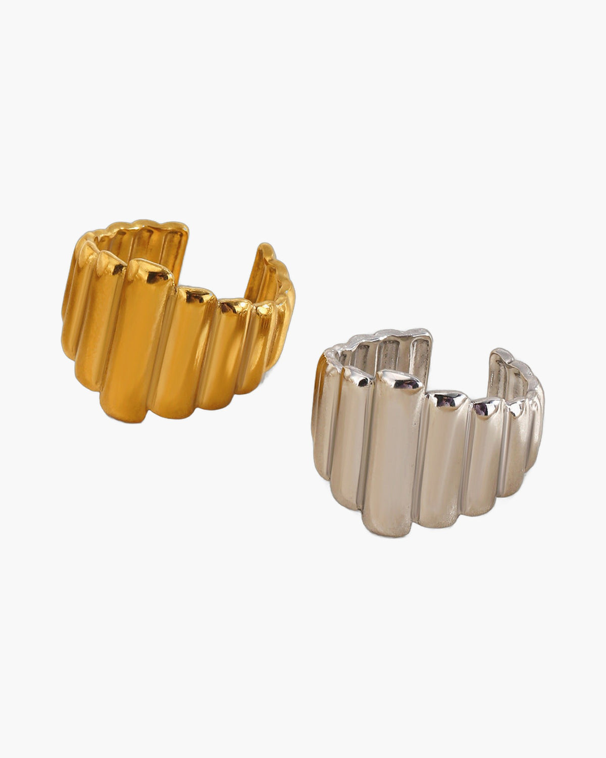 Vertical Stripe Stainless Steel Cuff Ring, gold-tone, ribbed texture view 4