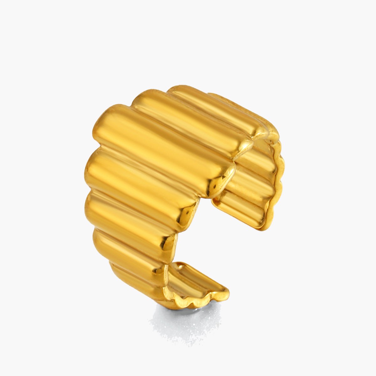 Vertical Stripe Stainless Steel Cuff Ring, gold-tone, ribbed texture