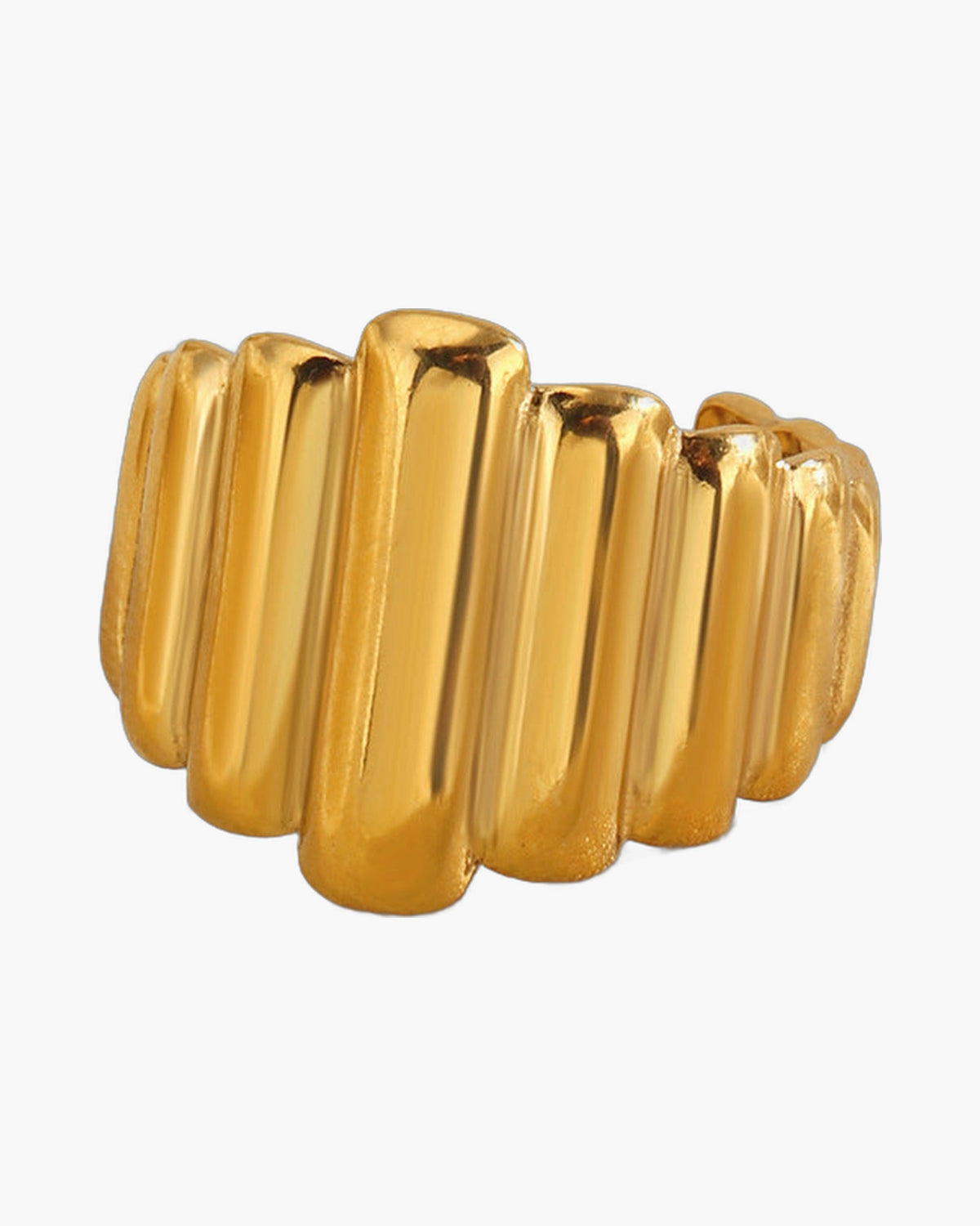 Vertical Stripe Stainless Steel Cuff Ring, gold-tone, ribbed texture view 2