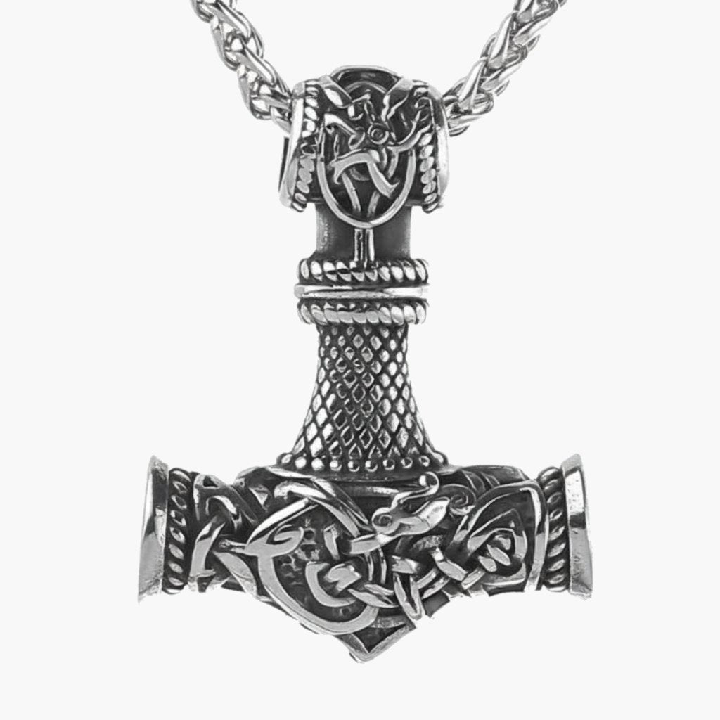 Viking Mjolnir Hammer Pendant Necklace with intricate knotwork on a wheat chain view 8