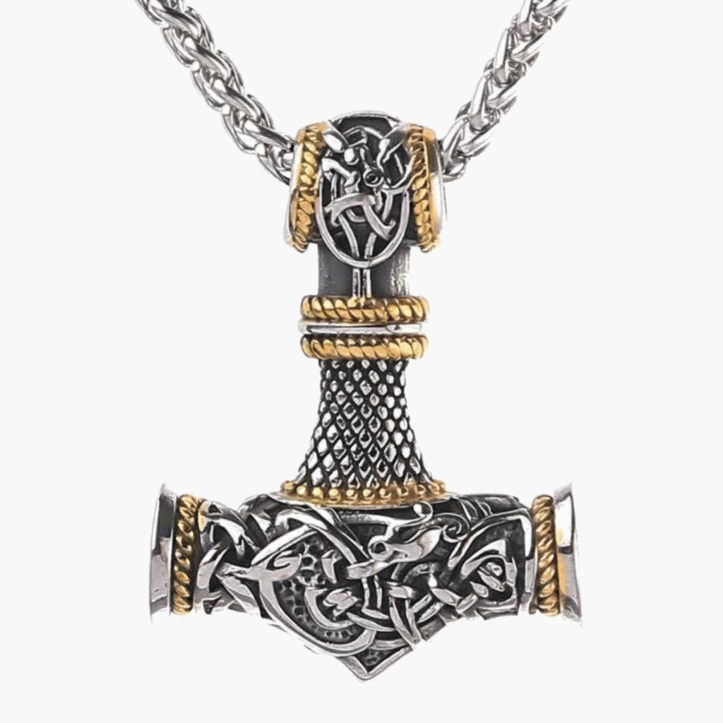 Viking Mjolnir Hammer Pendant Necklace with intricate knotwork on a wheat chain view 6
