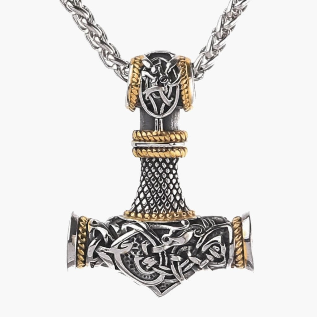 Viking Mjolnir Hammer Pendant Necklace with intricate knotwork on a wheat chain view 7