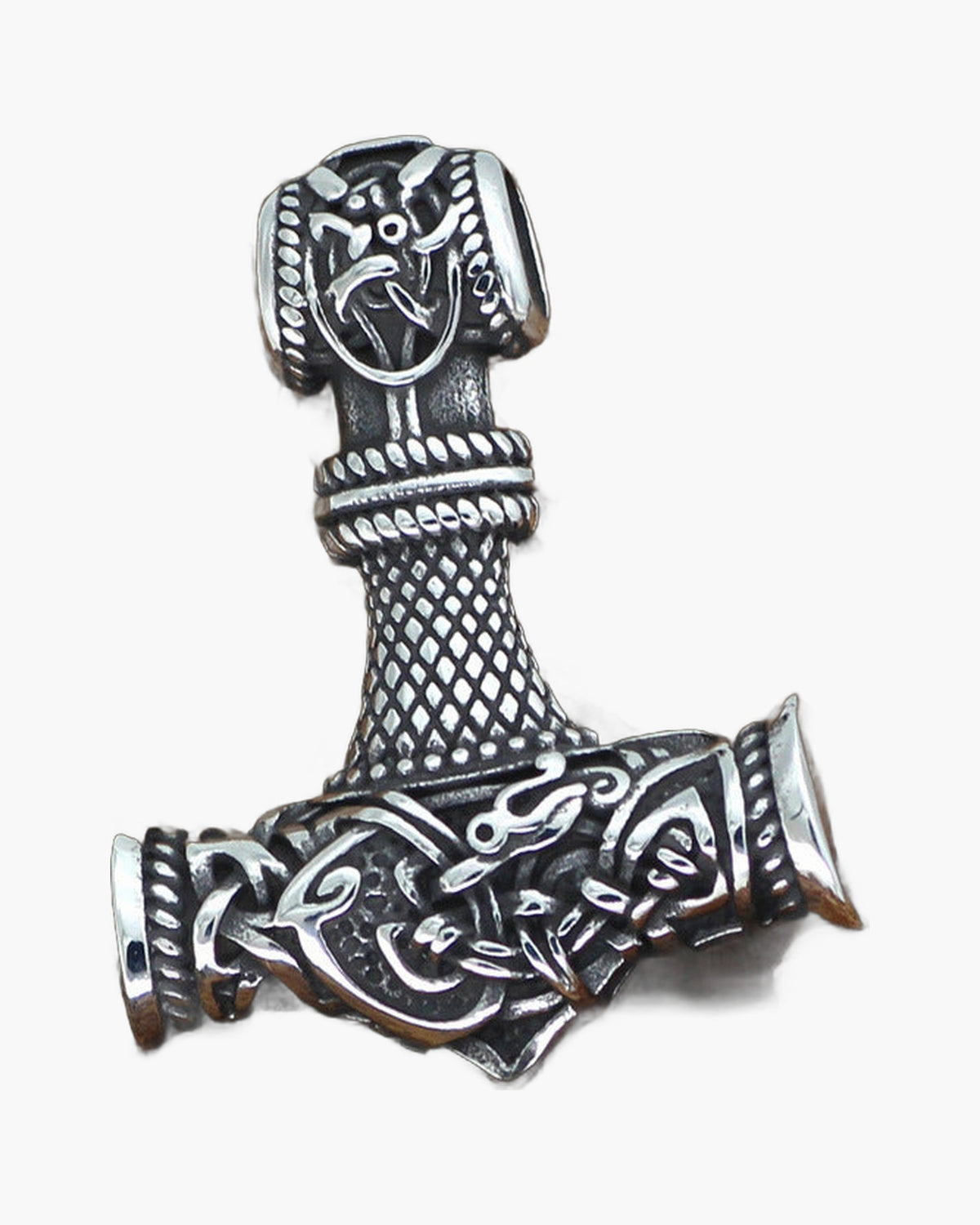 Viking Mjolnir Hammer Pendant Necklace with intricate knotwork on a wheat chain view 4