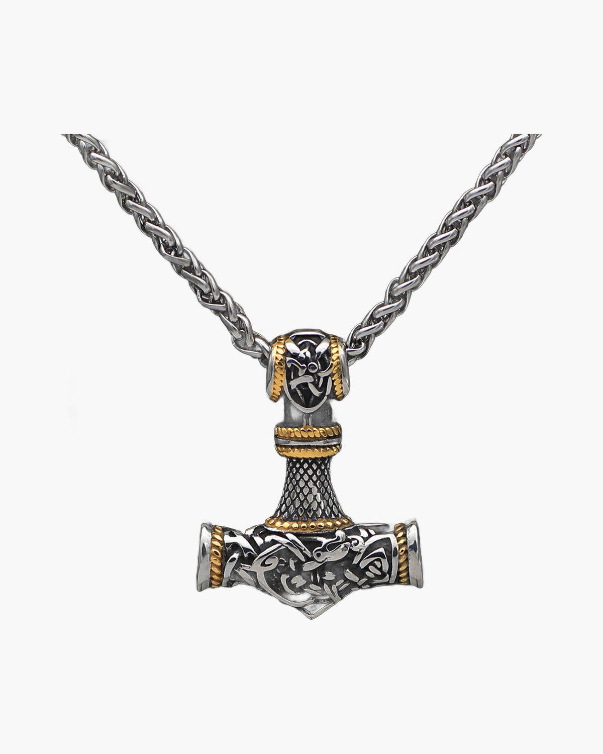 Viking Mjolnir Hammer Pendant Necklace with intricate knotwork on a wheat chain