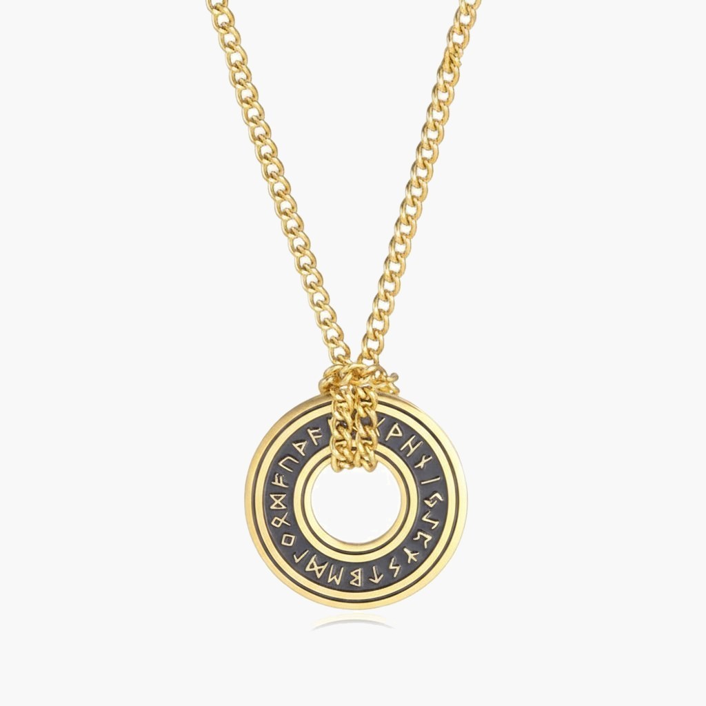 Viking Rune Circle Pendant Necklace gold-tone curb chain view 5