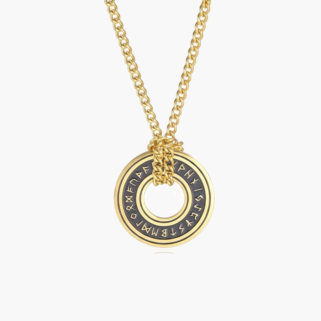 Viking Rune Circle Pendant Necklace gold-tone curb chain view 2