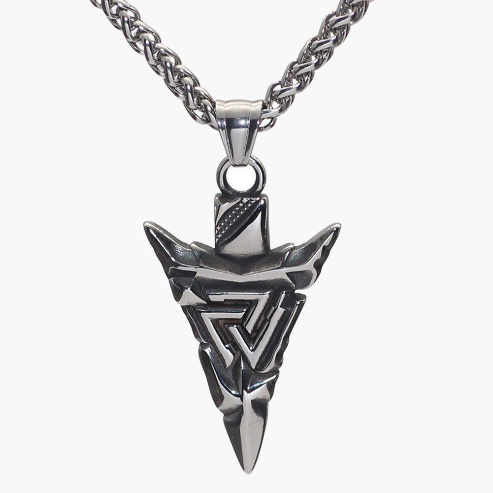 Viking Triangle Rune Arrow Pendant Necklace with a geometric arrow pendant and a silver-tone finish