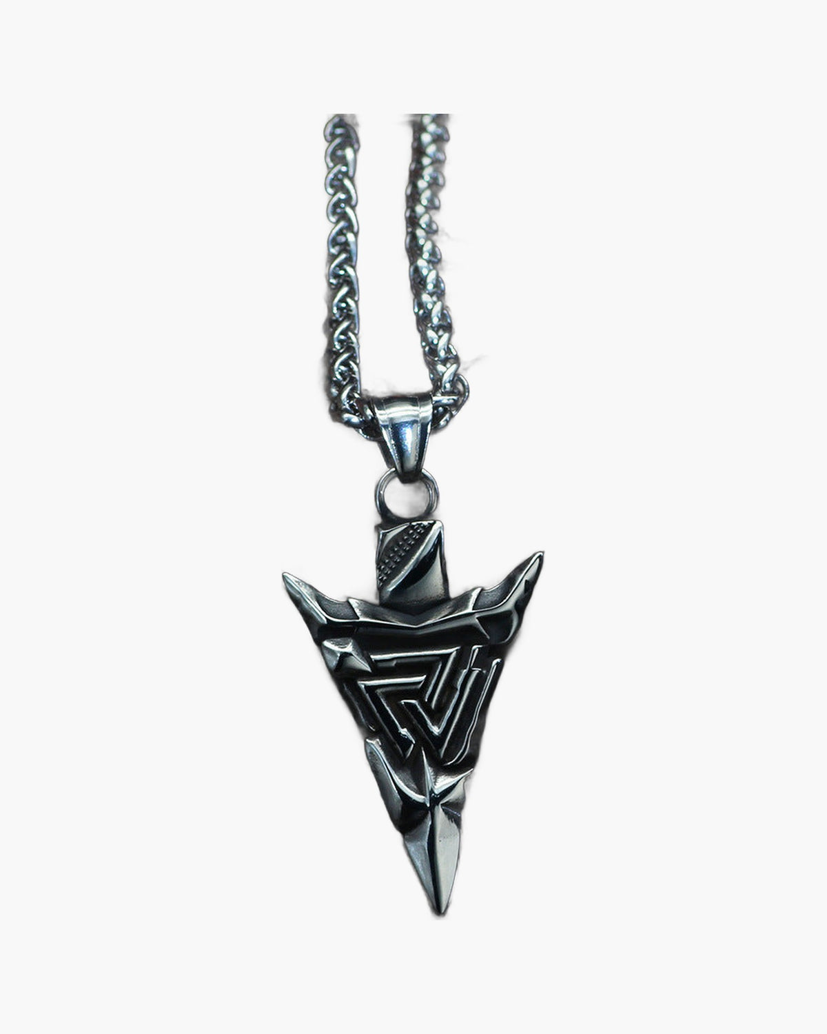 Viking Triangle Rune Arrow Pendant Necklace with a geometric arrow pendant and a silver-tone finish view 2