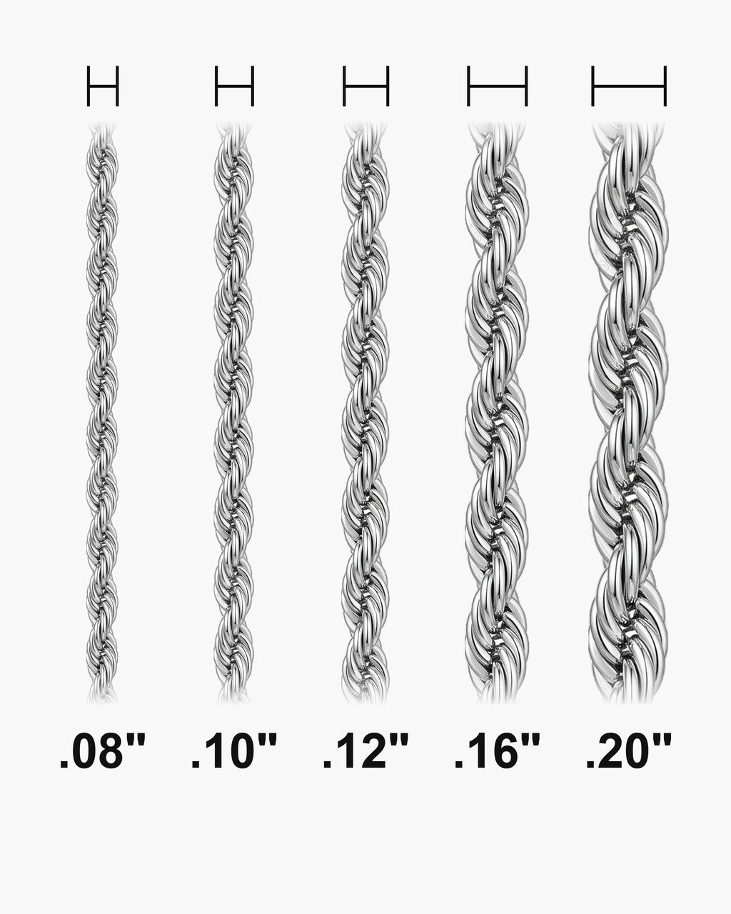 Atlas Twisted Rope Chain widths 0.08 to 0.20 inch shown at true scale [u:in]
