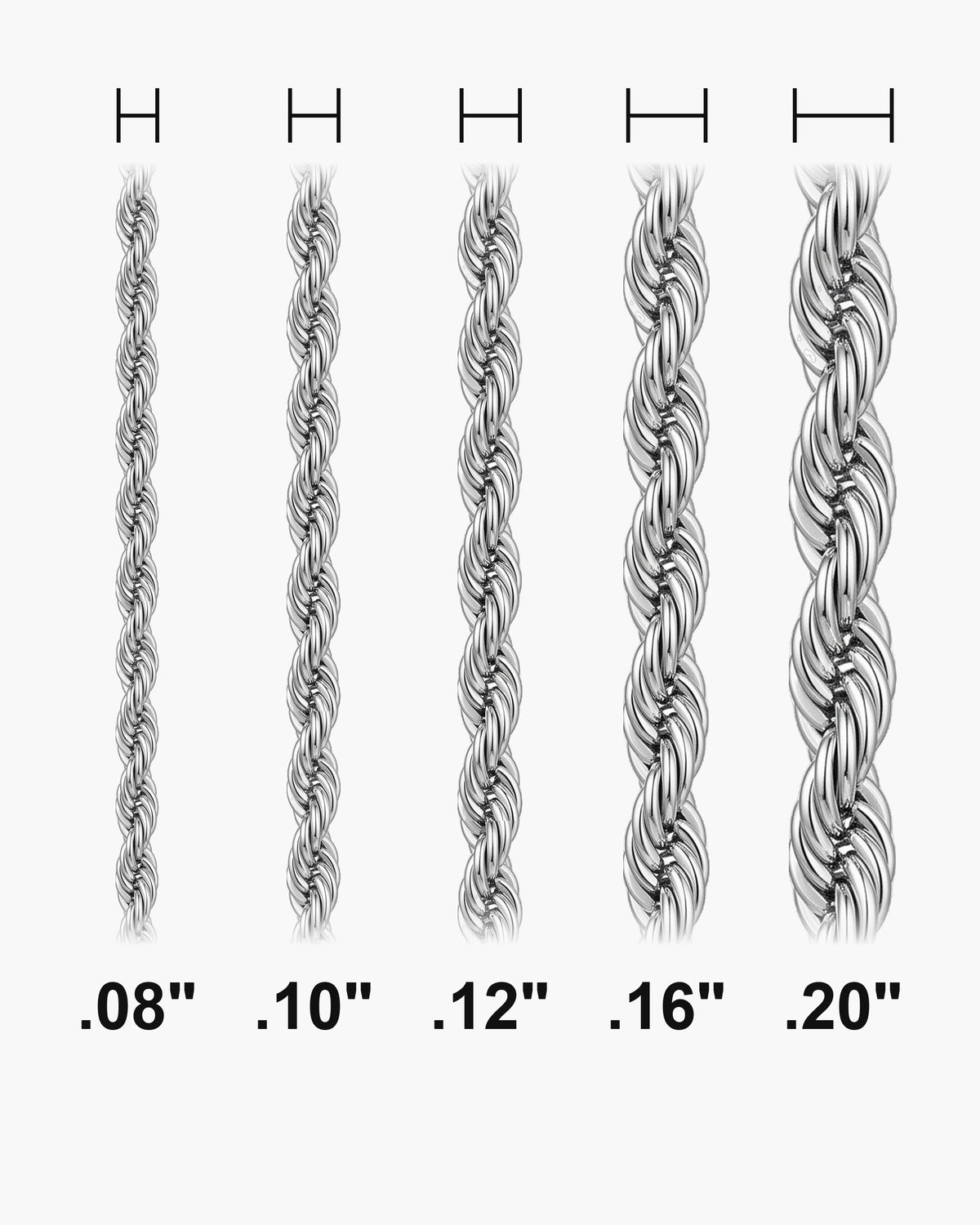 Atlas Twisted Rope Chain widths 0.08 to 0.20 inch shown at true scale [u:in]
