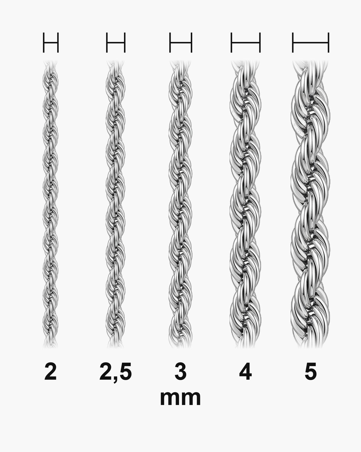 Atlas Twisted Rope Chain widths 2 to 5 mm shown at true scale [u:mm]